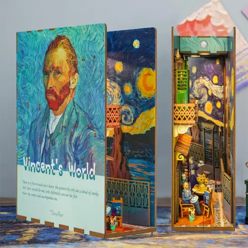 Tonecheer Vincent's World DIY Book Nook Kit for Adults, 3D Wooden Puzzle Bookend Bookshelf Insert, Van Gogh Art Vincent House Art Craft, Solid Wood Slats Design with Body Motion Sensor LED Light, Requires Batteries