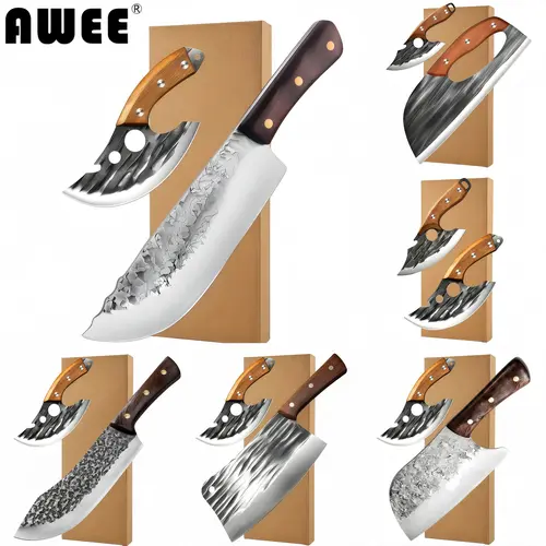 Hand Forged Hammer Pattern Cleaver Set, Ultra Sharp Heavy Duty Kitchen Butcher Knife, Multi-use for Home Camping BBQ, Perfect Father's Day Gift