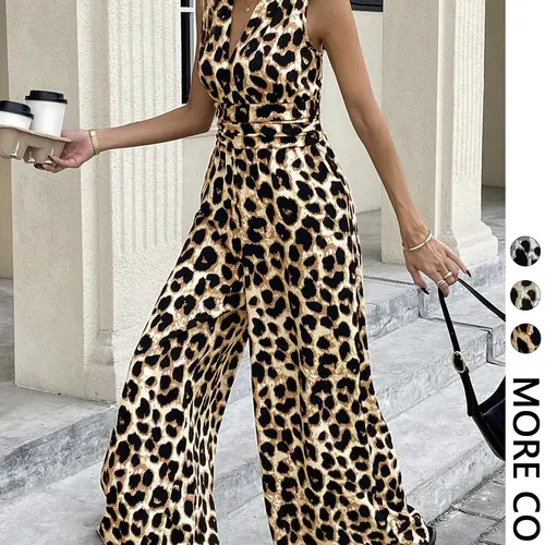 Women's Deep V Neck Sexy Casual Commuter Ruched Elastic Waist Leopard Print Sleeveless Jumpsuit, Slim-Fitting All-Seasons Rompers Jumpsuits