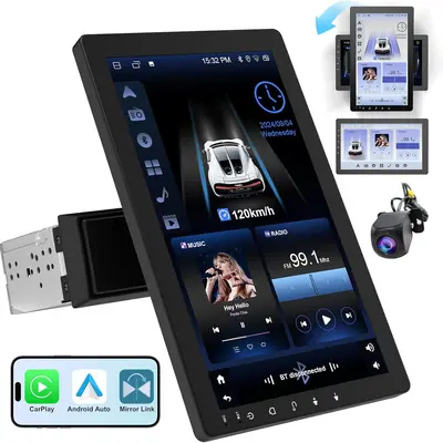 【fathersdaygift】Haudio 2026 10.1" Rotatable Touch Screen Car Stereo Single Din - Android 13, Wireless CarPlay/Android Auto, 4-Core CPU, 2GB+32GB, GPS Navigation, Hi-Fi Sound, Bluetooth 4.2, AHD Backup Camera (Vertical Fit)