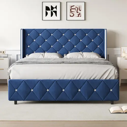 HOMBCK Upholstered Bed Frame with Diamond Tufted Headboard, Modern Silverside Wingback, No Box Spring Needed, Easy Assembly, Contemporary Upholstered Bed, Queen Size Bed Frame#SohoChic#Homemakeover