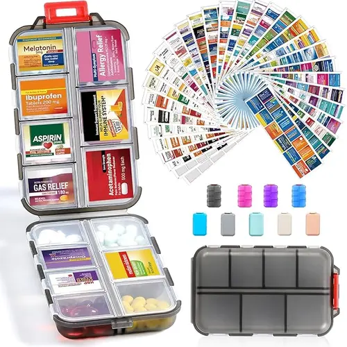 9 colors 14 Grids Travel Pill Organizer Box with 146-Pcs Medicine Name Labels - Pocket Daily Pharmacy Case Container Kit - Travel Medication Holder Dispenser for Fish Oil Vitamin Supplement Storage