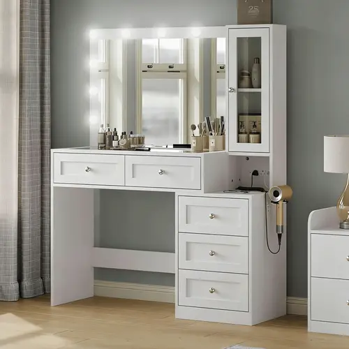 CollaredEagle 43" Vanity Makeup Desk, Illuminated Modern LED Dressing Table with 11 Lights, Adjustable Brightness, Glass Top, 5 Drawers & Power Outlet for Home and Dorm Use