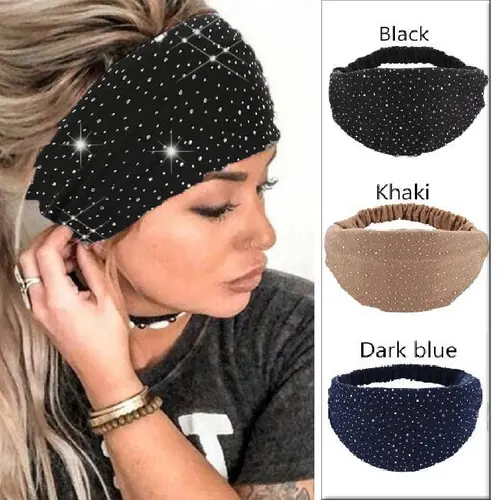 Cubidupi Women's 3-Pcs Bling Polka Dot Sparkling Rhinestone Wide Stretchy Headbands Set - Solid Color Soft Elastic Bling Hair Fashion Accessories for Engagement, Anniversary, Everyday Wear (Black, Khaki, Dark Blue)