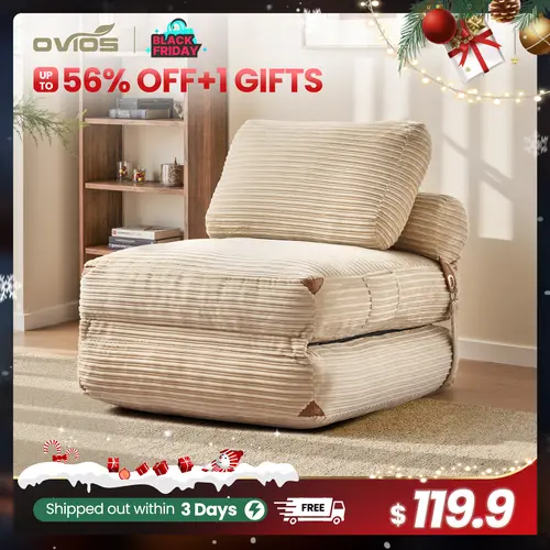 【Back To School】OVIOS 36" Boneless Chaise Lounge, 3-in-1 Convertible Folding Sofa Bed with Pillow & Lumbar Support, Oversized Sleeper Chair & Floor Couch for Living Room, Bedroom & Apartment, No Assembly Required