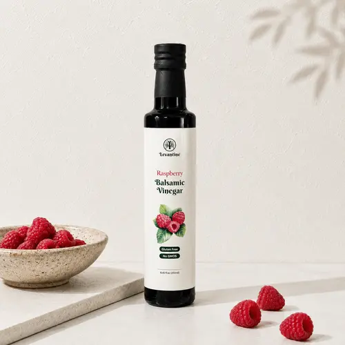 Levantine Raspberry Balsamic Vinegar - 8.45 Fl Oz Glass Bottle, Healthy Speciality Fruit Vinegar for Salad Dressing, Pantry Cooking Essential, Mediterranean Recipes