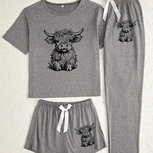 Women's Cow Print Tee & Short & Pants Pyjama Set, Casual Comfy Knit Round Neck Short Sleeve T-shirt & Trousers Set, Ladies Sleepwear Pajamas for All Seasons, Loungewear Shorts Sets