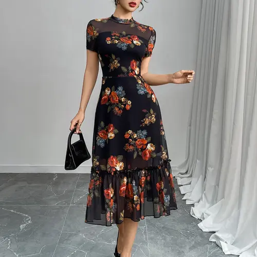 Women's Floral Print Chic Dress, Womenswear, Retro Elegant Fashion Casual Ruffle Trim Fitted Dress for Daily Outdoor Wear, Women Dress for Summer, Elegance, Floral Prints Dress
