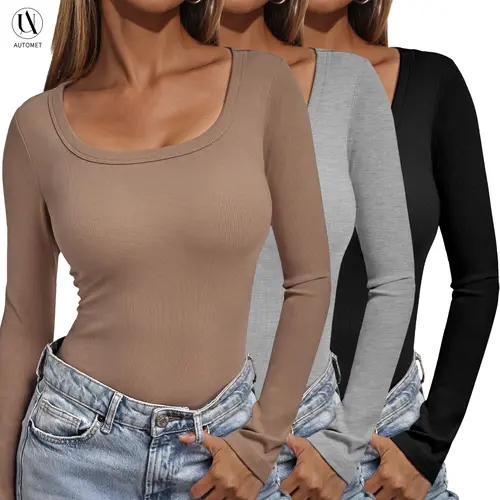AUTOMET Women's 3-Pack Ribbed Knitwear, Long Sleeve Slim Fit Scoop Neck Basic Crop Tops for Valentine's Day, Easter & Office OOTD, Cotton, Fabric, Fashion Apparel, Basic Tops, Valentines Day, Casual, Soft, Thanksgiving, Basic Tops For School