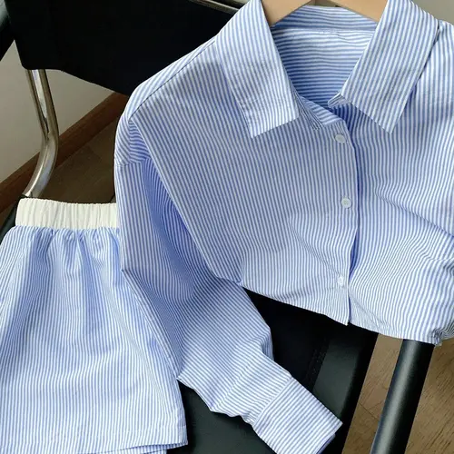 Two-piece Set Women's Striped Print Button Top & Shorts, Casual Long Sleeve Top & Shorts Set, Ladies Clothes for Daily Wear, Summer Outfit, Womenswear, Casual Striped Loungewear