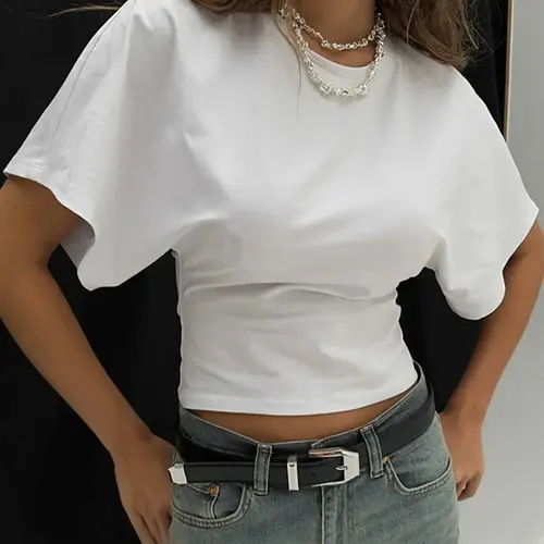 Women's Solid Color Round Neck Short Sleeves T-shirt, Basic Plain Minimalist Top for Party, Night Out & Holiday, Casual Everyday Wear, Casual Crop Tee for Ladies, Summer Streetwear, Casual Cropped Tee, Round Neckline Tee