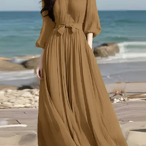Women's Solid Color Notched Neck 3/4 Sleeve Lantern Loose Fit Dress, Casual Chic Elegant Tie Waist Belt A Line Dress for Beach Holiday Vacation, Ladies Clothes Casual Wear for Summer, Casual Summer Dresses, Womenswear