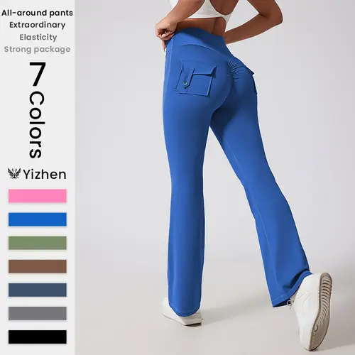 Women's High-Waisted Solid Compression Flare Sports Leggings - 4-Way Stretch, Elastic, Cargo Pockets, Butt-Lifting, Sport Ready Activewear for Yoga, Gym, 4-Way Stretch Women's Sports Leggings, Activewear Women's Sports Leggings