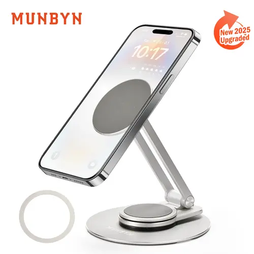 MUNBYN Magnets Phone Holder - 360-Degree Rotating Magnetic Mobile Stand, Adjustable Foldable Aluminum Portable Compact Silicone Alloy Holder for Home Office, Silver