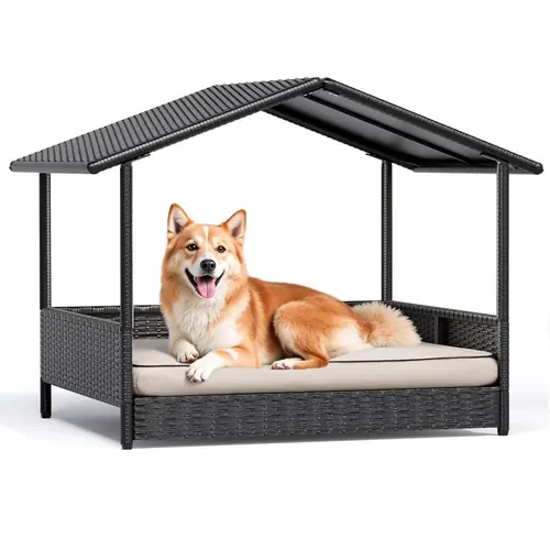 Warcat Rattan Dog House - Elevated Outdoor/Indoor Dog Shelter with High-Density Foam Cushions Support, Steel Frame, Modern Design for Decks, Home