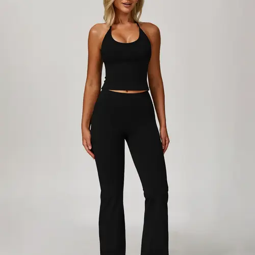 Women's Solid Backless Halter Top & Pants Sports Set, Casual Sporty Two-piece Outfits for Yoga Gym Workout Running, Ladies Sportswear for All Seasons, Athletic Sportswear, Fitness Sportswear Set, Gym Workout Clothes, Athletic Sets