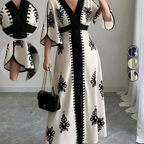 Women's Boho Floral Printed V Neck Dress, Casual Elegant Long Sleeve Dress for Daily Outdoor Wear, Women Dress for Spring Fall Dresses, Casual Boho Summer Holiday Bohemian Dress, Bohemian Style Dresses