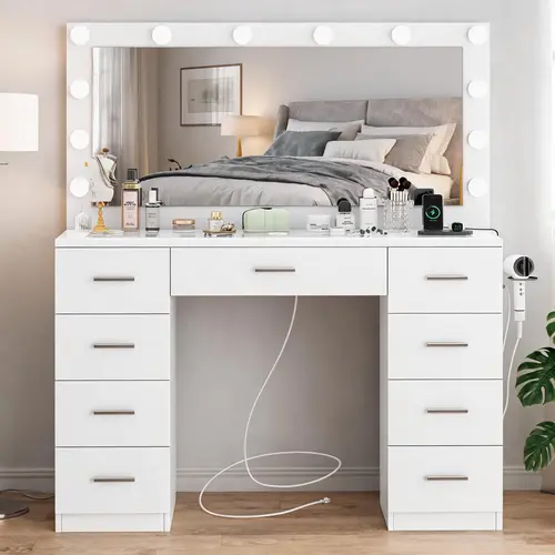 Fabiula Lighted Vanity Table - Modern Glass Desktop Stylish Full-Size Luxury High-Brightness Makeup Vanity Desk with 9 Drawers, 12 LED Lights, Large Flexible-Lighting Mirror for Bedroom Indoor Furniture, Stylish Makeup Vanities,dorm essentials,home decor