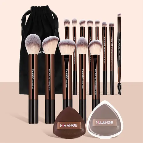 MAANGE Coffee Brown Professional Face Makeup Kit Pack - 13pcs Brushes, 2 Powder Puffs, 1 Storage Bag, Blurring Tools for Women, Valentine's Day Beauty Gift#DealsForYouDays
