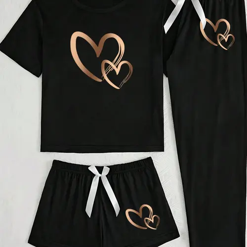 Women's Heart Print Tee & Pants & Shorts Pyjama Set, Casual Comfy Round Neck Short Sleeve T-Shirt & Trousers & Shorts PJ Set, Ladies Sleepwear for All Seasons, Loungewear, Shorts Pajama Set, Lounge Pajamas, Pajamas Sets