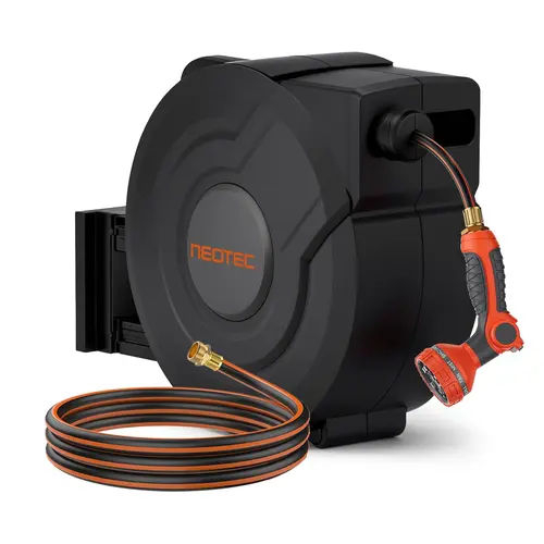 【toolupgrade 】NEOTEC Heavy Duty Wall Mounted Retractable Garden Water Hose Reel (100ft-150ft) - 3/4 Inch Brass Fittings, 9-Pattern Nozzle, Auto Rewind, Any-Length Lock, 180° Swivel Bracket, Leak-Proof 1/2 Inch PVC Layers Hose, Outdoor Garden Accessories