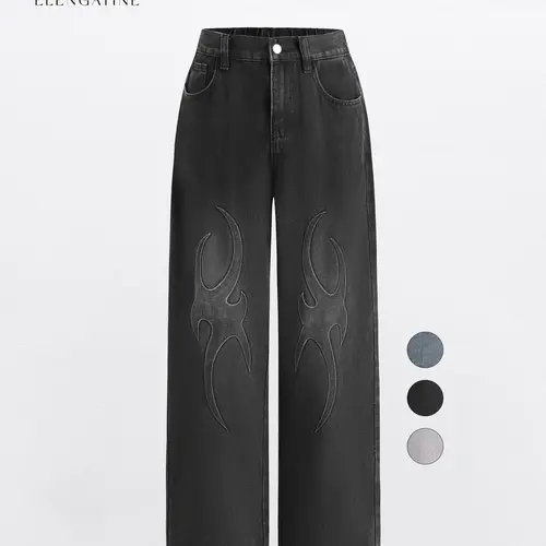 Elengatine Embossed Flame Pattern Denim Jeans for Women Light Wash Loose Wide Leg Silhouette Elastic Waistband Y2K Streetwear Inspired Soft Viscose Cotton Blend Casual Outfits Stand Out Fashion Piece, Everyday, Polyester