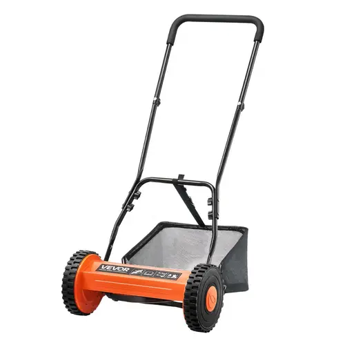 【BackToSchool】VEVOR 14-Inch Manual Grass Cutter, 5 Steel Lawn Mower Blades, Cushioned U-Handle, Adjustable Height & Grass Catcher Bag - Eco-Friendly Quiet Push Tool for Small Yards, No Gas/Battery Needed