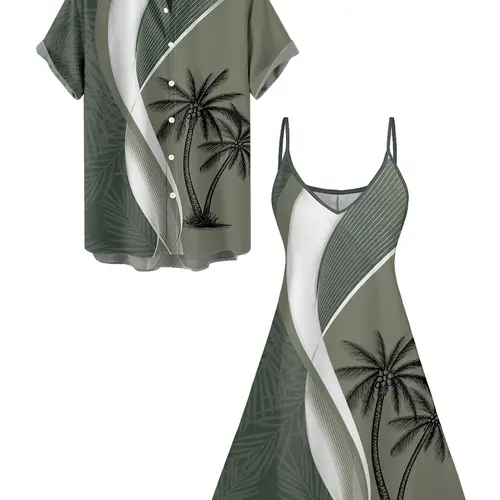 2026 Couple Set Colorblock Women's Coconut Tree Leaf Print Spaghetti Strap Vacation Dress And Men's Roll Up Sleeve Shirt Matching Outfit