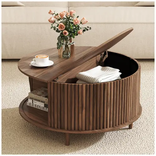 Walnut Wood Coffee Table - Space-Saving Sliding-Door Living Room Furniture with Midcentury Modern Aesthetic, Multi-Functional Table for Dining & Working