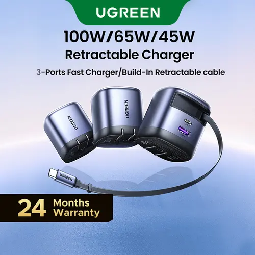 UGREEN 45W/65W/75W/100W 3-in-1 Compact GaN Wall Charger, Retractable USB-C Fast Charging with Foldable Plug, Compatible for iPhone 17/16 Series, Galaxy, Pixel, iPad, Mobile Cellphone Devices, Summer Sale Back to School