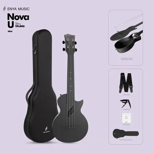 【Enya Nova U Mini Soprano Ukulele】21-inch 4-String Carbon Fiber Waterproof Travel Guitar, Ultra-Portable (23x7x3 in) with Case, Strap, Capo & Strings - Beginner All-Weather Performance Kit, 12-Month Support, Christmas Gift