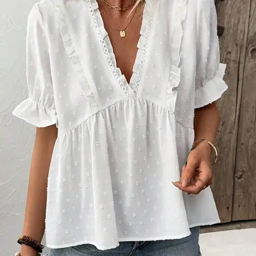 Women's Floral Print Puff Sleeve Ruffle Trim Blouse, Casual V Neck Top for Summer, Women's Clothing for Daily Wear, Casual Daily Tops, Shirts, Babydoll Blouses