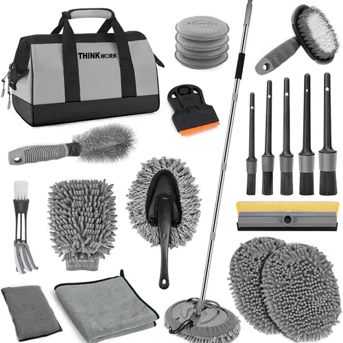 【BackToSchool】THINKWORK Car Wash Kit, Car Wash Brush with Long Handle, Extendable Car Wash Brush Mop and 2-in-1 Windshield Squeegee, Gray Car Cleaning Brush Set for Men and Women