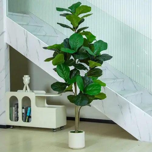 5FT/6FT Fiddle Leaf Fig/Ficus Artificial Tree with White Planter Faux Floor Plant Indoor Outdoor Fake Plants with Realistic Leaves for Home & Office Decor