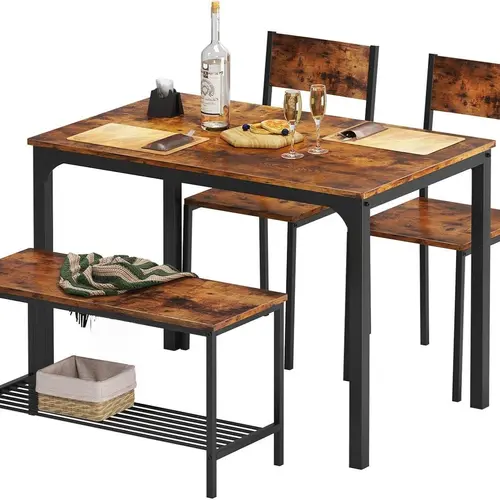 Nicole Selection 4-Person Vintage Brown Wood Dining Table Set (GCCZ1008) - 43.3in Indoor Furniture Set, 2 Backrest Chairs, 2-Person Storage Bench, Multidesk Use, Christmas Gift Option, Wood Set