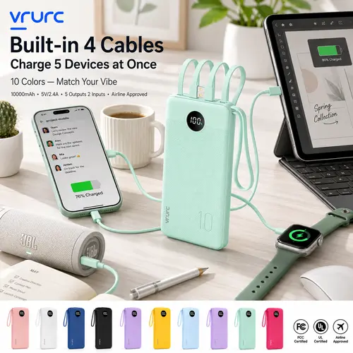 VRURC 10000mAh T116 Portable Power Bank - Rechargeable Mobile Accessory with 4 Built-in Type-C/USB-A Cables, LED Display, Advanced Safety Features, Multiple Device Charging for iPhone/Samsung (Green) - Ideal for On the Road, Everyday Carry