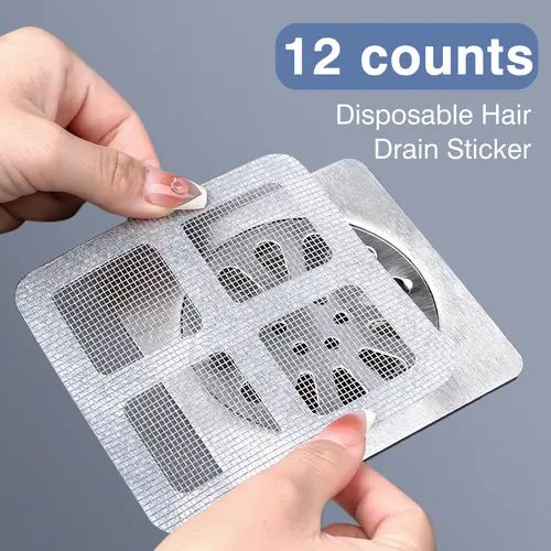 12-Count Disposable Mesh Shower Drain Cover Hair Catcher Stickers, for Bathtub, Bathroom Sink, Kitchen Drain, Human & Pet Hair