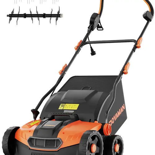 【FathersDayGift】DOVAMAN 16-Inch Corded Electric Dethatcher & Scarifier, 15-Amp, 2-in-1 Functionality, Central Depth Adjustment, 5 Working Depths, Adjustable Handle, Fast Folding Design, 12-Gal Grass Bag DS16A