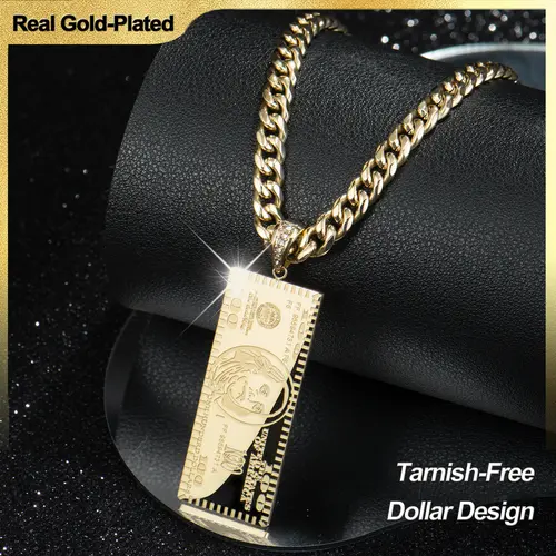 Holylegend 14K Real Gold-Plated Dollar Pendant Necklace, Double-Sided Mini Money Design with Iced Connector, 24" Cuban Chain, Hip Hop Jewelry Gift for Streetwear Lovers,Father's Day Gift