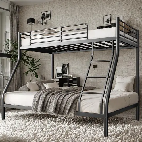 Nicole Selection Heavy Duty Metal Twin Over Full Bunk Bed with Ladder & Guardrails Safe, Sturdy Bed Frame for Teens, Bedroom Furniture for Dormitory, Furniture Bedroom, Black, YCTC103, Christmas Gift Option, Dormitory Bed