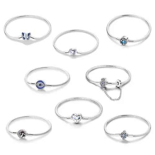 MULA Stackable Cubic Zirconia Bracelet Set - Silver-Plated, Blue CZ, Enamel Accents, Butterfly, Heart, Galaxy Motifs, Charm-Compatible Beaded Bracelets, Women's Jewelry Gift, Stackable Bracelet