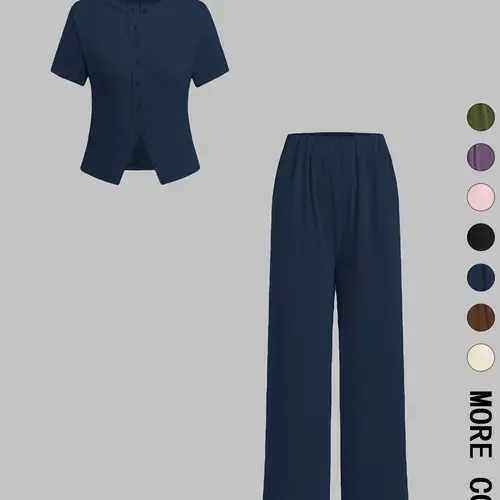 Two-piece Set Women's Solid Color Top & Wide Leg Pants, Casual Basic Fitted Comfy Round Neck Top & Trousers for Daily Wear, Ladies Two-piece Outfits for All Seasons, Clothes, Clothing Sets, Airport Outfit, Casual Loungewear Set