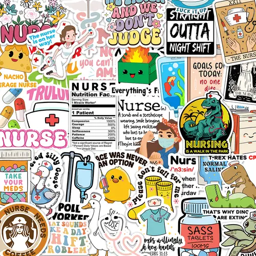 120Pcs Funny Nurse Decorative Glossy Vinyl Stickers - Waterproof, Durable, Self-Adhesive Labels for 2.5-3" Flat Surfaces, Laptops, Water Bottles - Graduation Gifts for Healthcare Workers, Glossy Vinyl Sticker