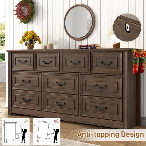 Retro Farmhouse Wooden Clothes Storage Cabinet - 63/47.2in Height, 10/7 Drawers Dresser with Retro Handles & Easy Pull, Cabinet Bedroom Furniture, DIY Home Decor Indoor Organizer (Video Assembly Aid, Assembly Required), Bedroom Decor