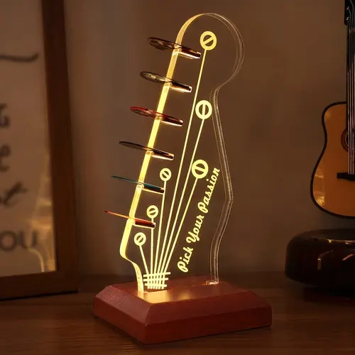 COOLGIFT MART Light Up Guitar Pick Holder - Scratch-Safe Acrylic & Wooden USB-Plug-in Light Organizer for Electric Guitar Headstock, Fashionable Complete Pick Storage, Birthday Gift for Boyfriend