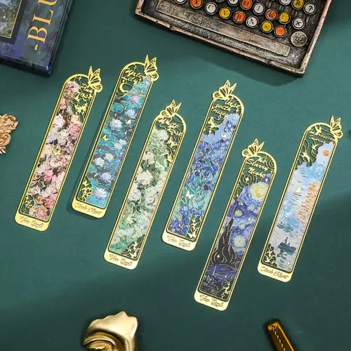 6pcs Decorative Gold Hollow Metal Book Buckles, Van Gogh & Monet Oil Painting Themed Office Stationery Accessories, Unique Birthday Holiday Gifts for Book Lovers (Home & Office & School Use)