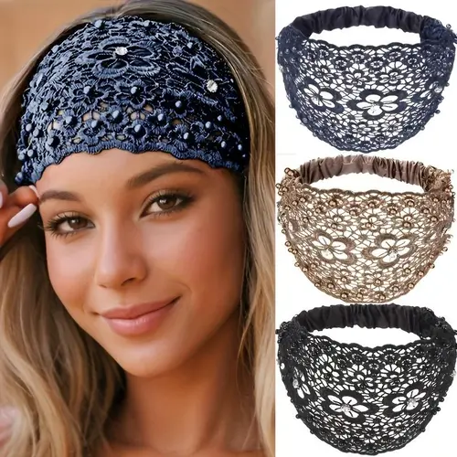 Women's 3-Piece Bohemian Chic Crystal Pearl-Studded Headbands - Luxe Cotton Base Wide Wrap Hair Accessories for Bridal Glam Ceremony, Pearl Luxe Detail Glamorous Hair Fashion, Auspicious, Casual