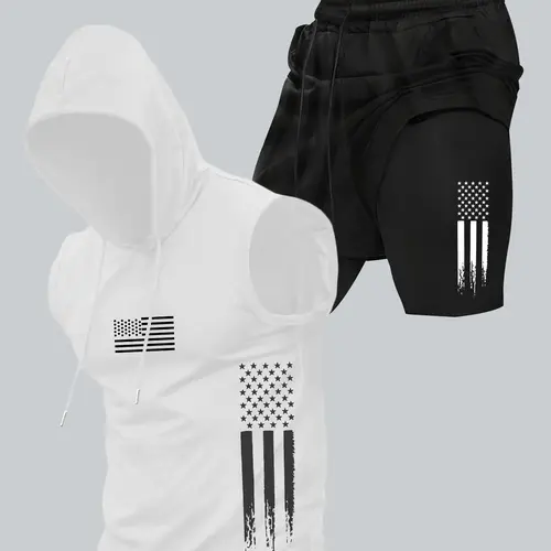 Two-Piece Set Men's American Flag Print Hooded Tank Top & Shorts Set, Regular Fit Casual Athletic Fashion Activewear Sleeveless Top & Shorts, Men's Summer Clothes, Casual Gym Wear, Athletic Workout Clothing, Casual Sporty Set, Sportswear Set