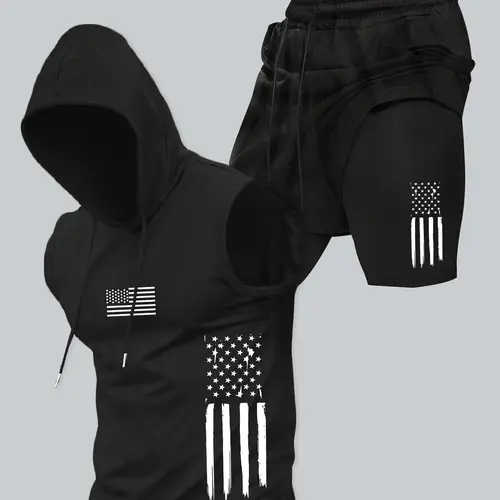 Two-Piece Set, Summer Fitness Outfit, Men's American Flag Print Hooded Tank Top & Shorts Set, Regular-Fit Casual Sleeveless Top & Shorts, Men's Summer Activewear, Sportswear Set Athletic Clothes, Workout Running Outfits