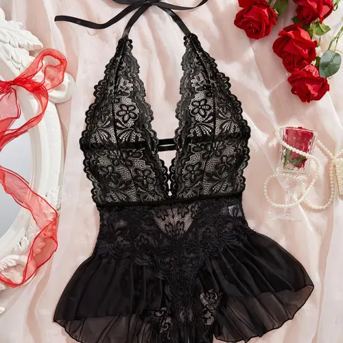 [Plus Size] Floral Lace Knit Bodysuit, Casual Comfy Breathable Plus Size Sleepwear for Summer, Lace Lingerie Babydoll, Underwear, Knitted Bodysuits
